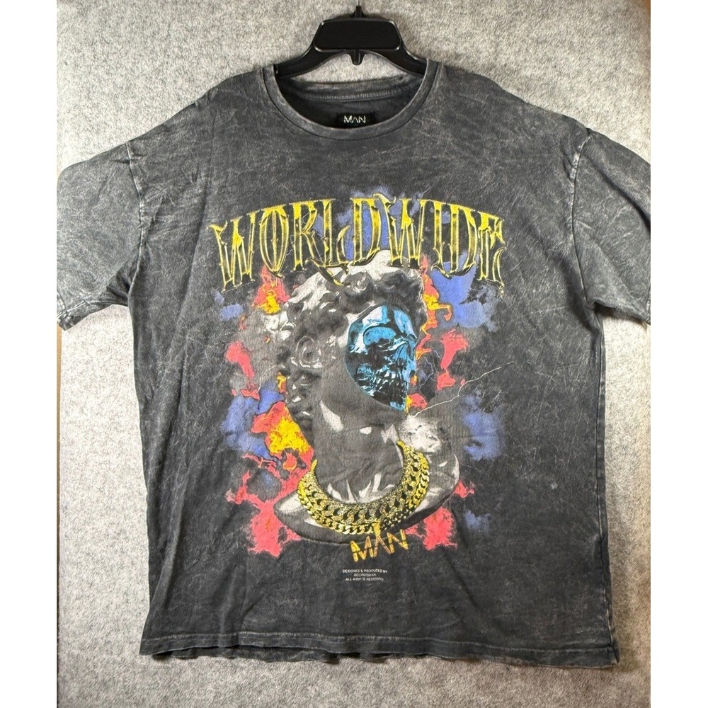 boohooMAN Worldwide Graphic Acid Wash Tee Shirt Grey Mens Large Streetwear Skull